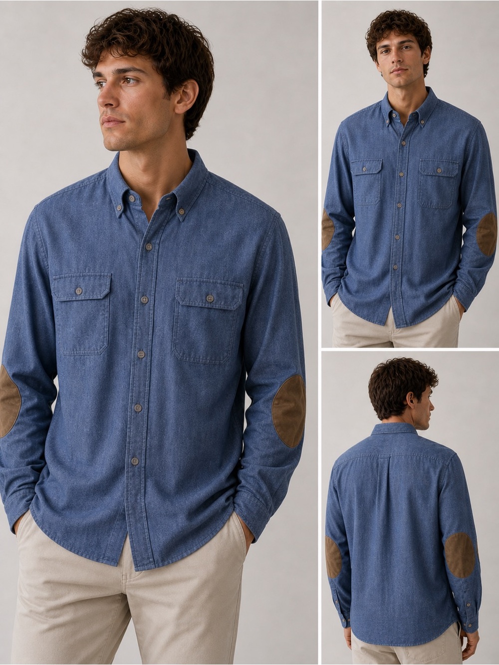 Chaps Blue Button Down Shirt Large Cotton Elbow Patch Casual Workwear